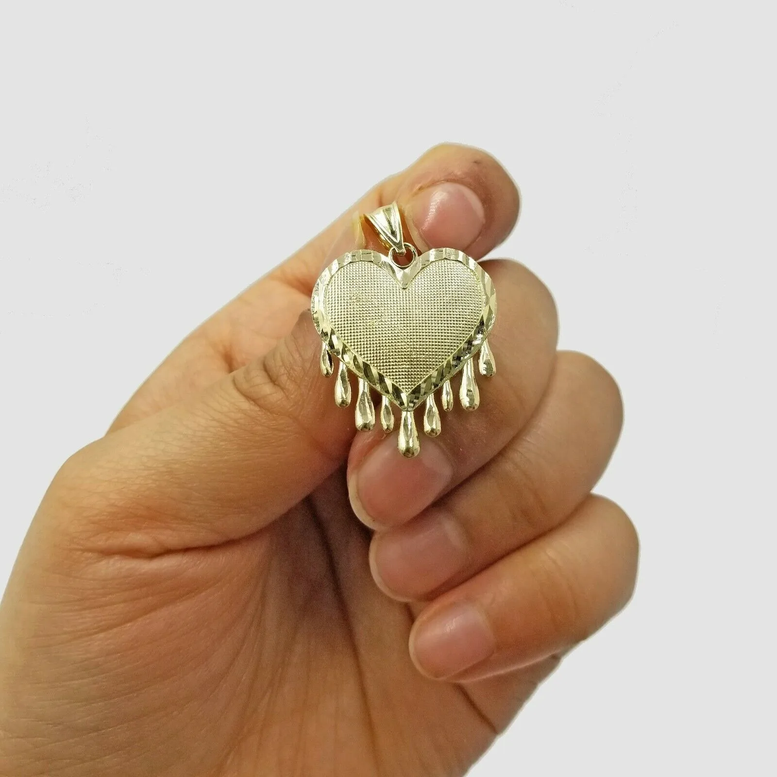 10K Solid Yellow Gold Dripping Heart Style Diamond Cut Pendant Men Women