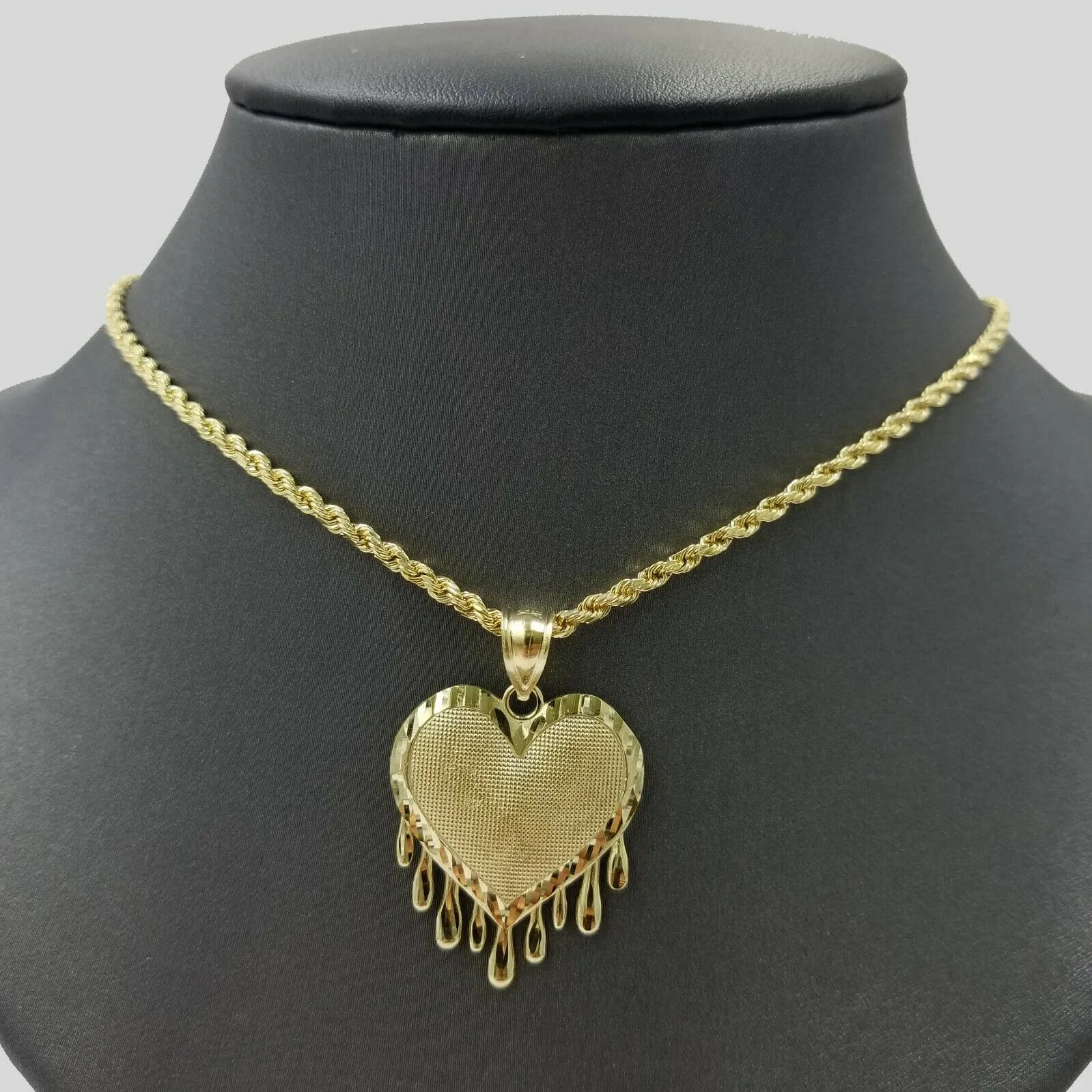 10K Solid Yellow Gold Dripping Heart Style Diamond Cut Pendant Men Women