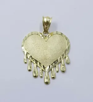 10K Solid Yellow Gold Dripping Heart Style Diamond Cut Pendant Men Women
