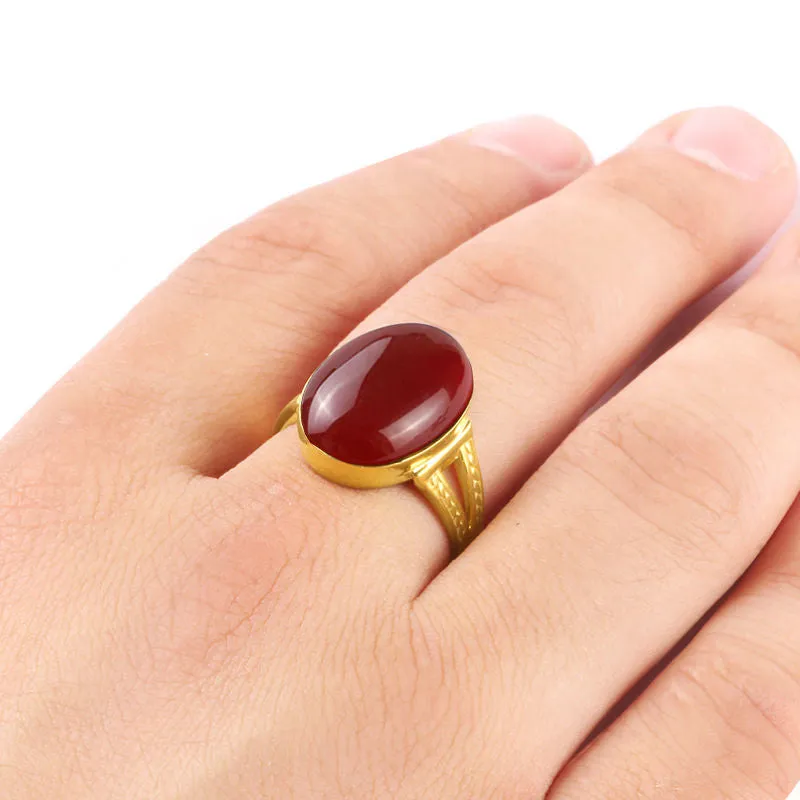 10k Yellow Gold Men's Ring with Natural Red Agate Stone