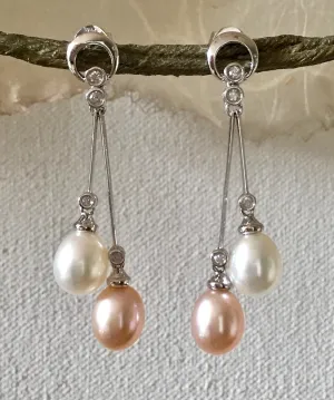 14K White Gold Cultured Freshwater Drop Pearl & Diamond Dangle Post Earrings