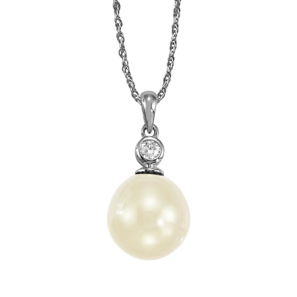 14K White Gold Freshwater Pearl 9.5mm/Diamond Bezel Pendant