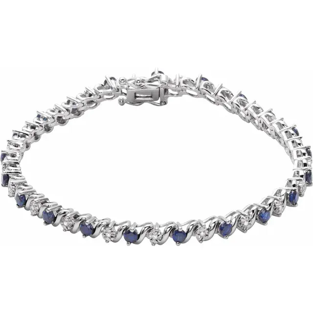 14K White Lab-Grown Blue Sapphire & 1/10 CTW Diamond Line 7" Bracelet