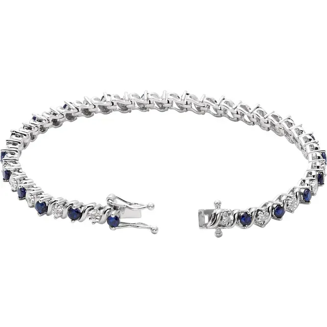 14K White Lab-Grown Blue Sapphire & 1/10 CTW Diamond Line 7" Bracelet