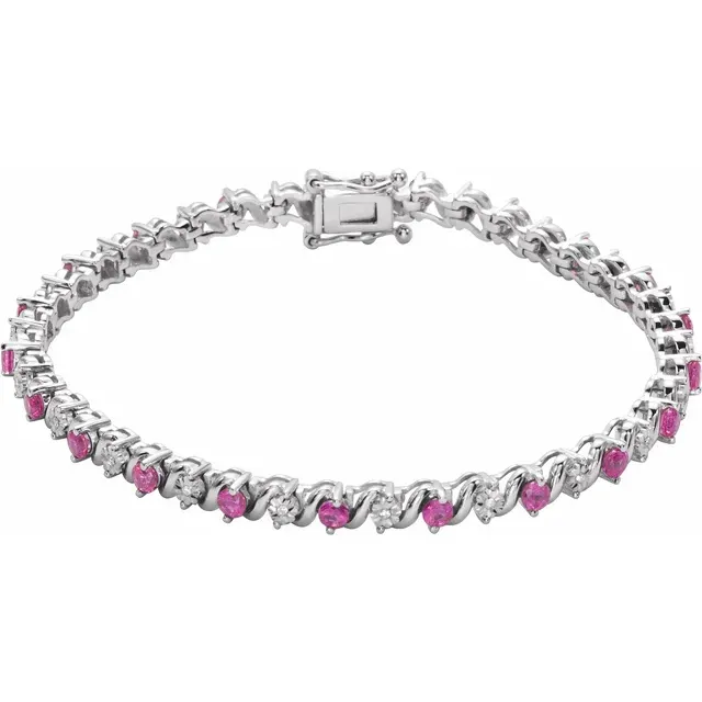 14K White Lab-Grown Ruby & 1/10 CTW Diamond Line 7" Bracelet