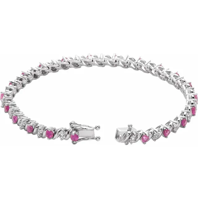 14K White Lab-Grown Ruby & 1/10 CTW Diamond Line 7" Bracelet