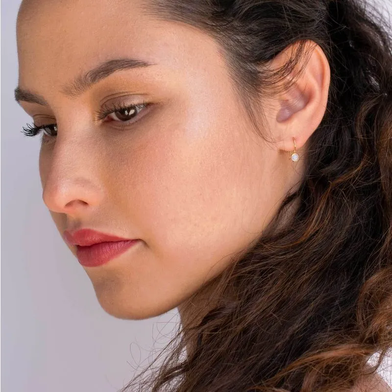 14K Yellow Gold Round White Moonstone 4mm Dangle Earrings