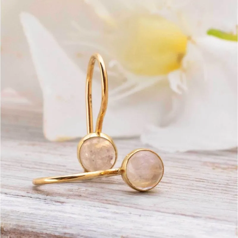 14K Yellow Gold Round White Moonstone 4mm Dangle Earrings