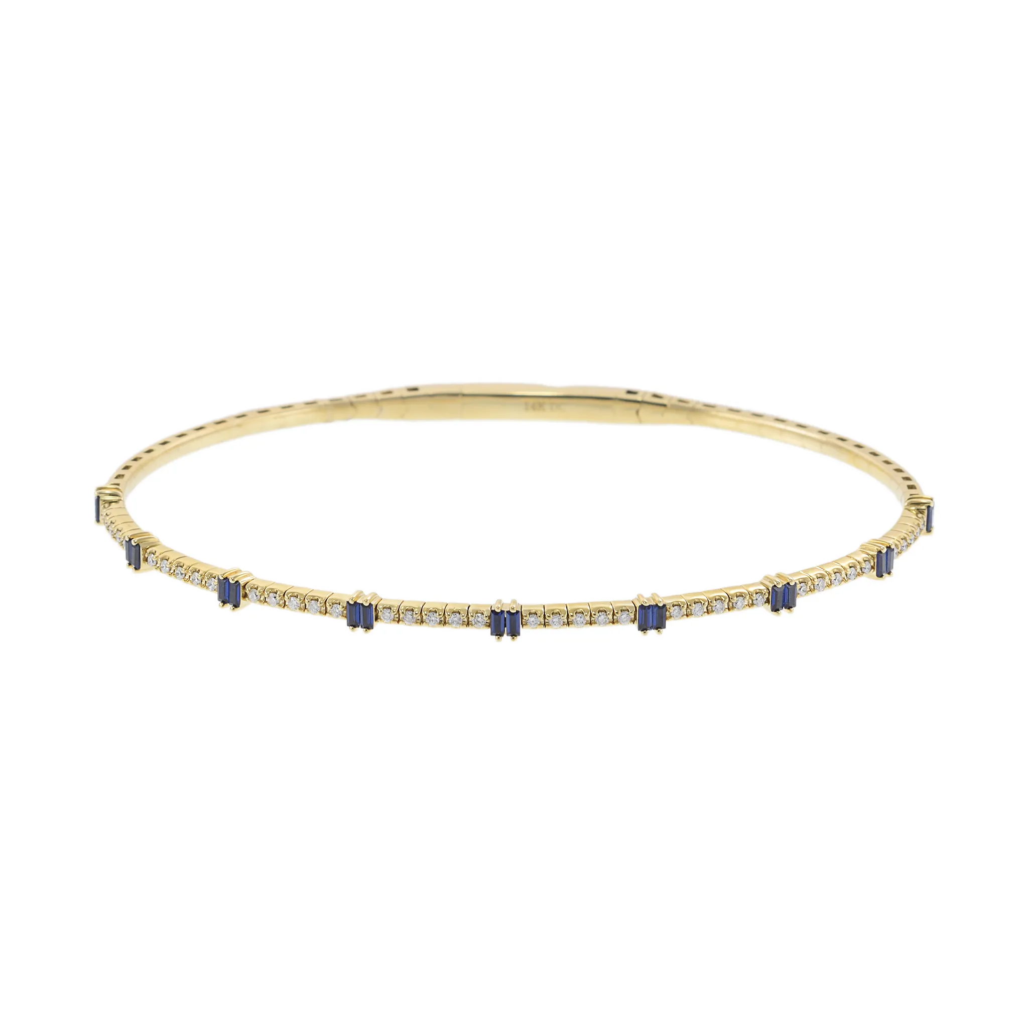 14KT Yellow Gold with Round Cut Diamonds and Baguette Sapphire Flex Bangle