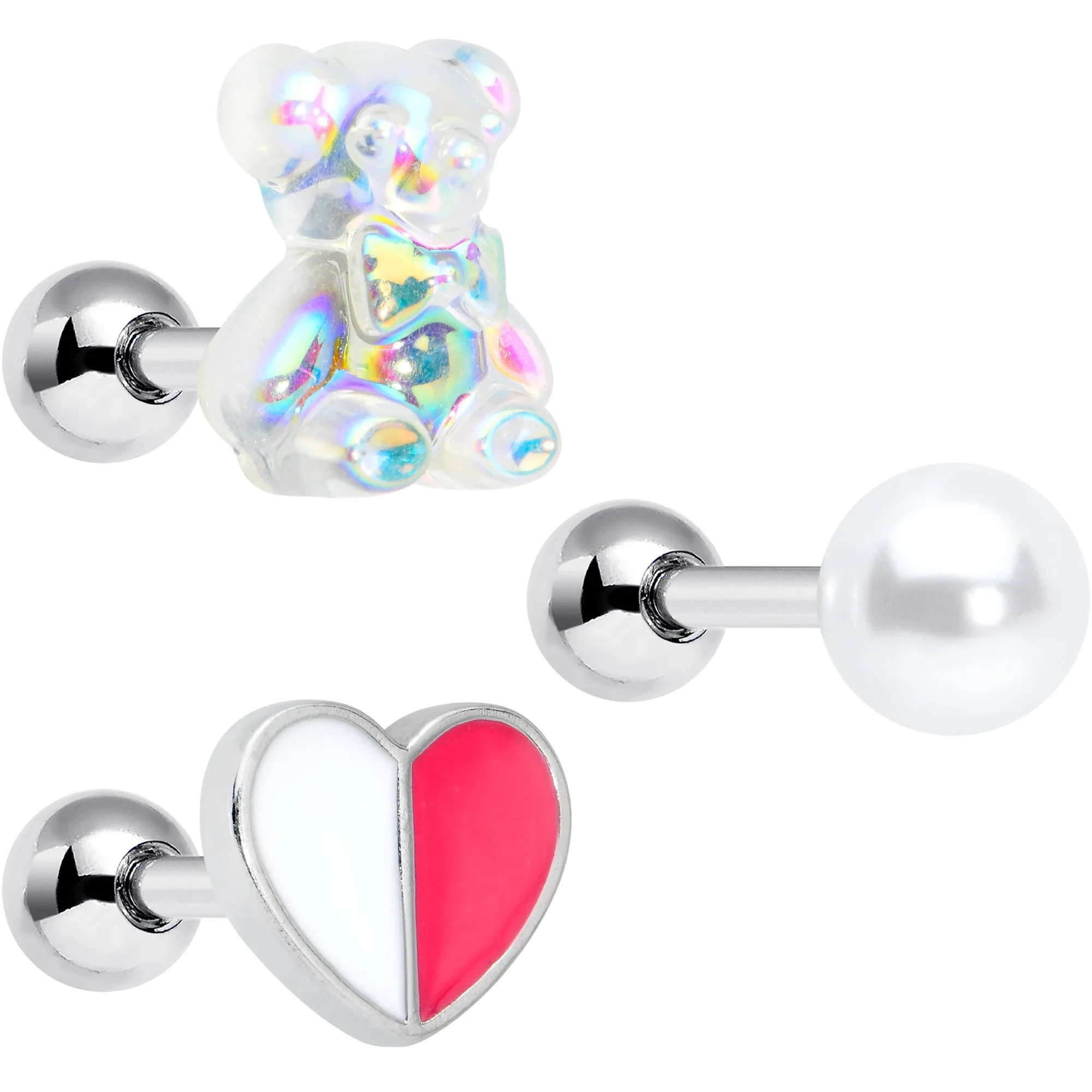 16 Gauge 1/4 Bear Pearlescent Striped Heart Cartilage Tragus Set of 3