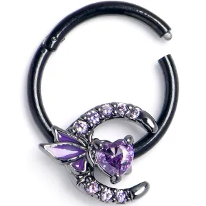 16 Gauge 3/8 Purple Gem Black Butterfly Heart Moon Hinged Segment Ring
