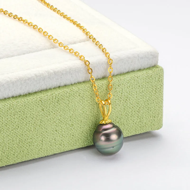 18k Gold Natural Cultured Tahitian Black Pearl Pendant Necklac with Silver Chain