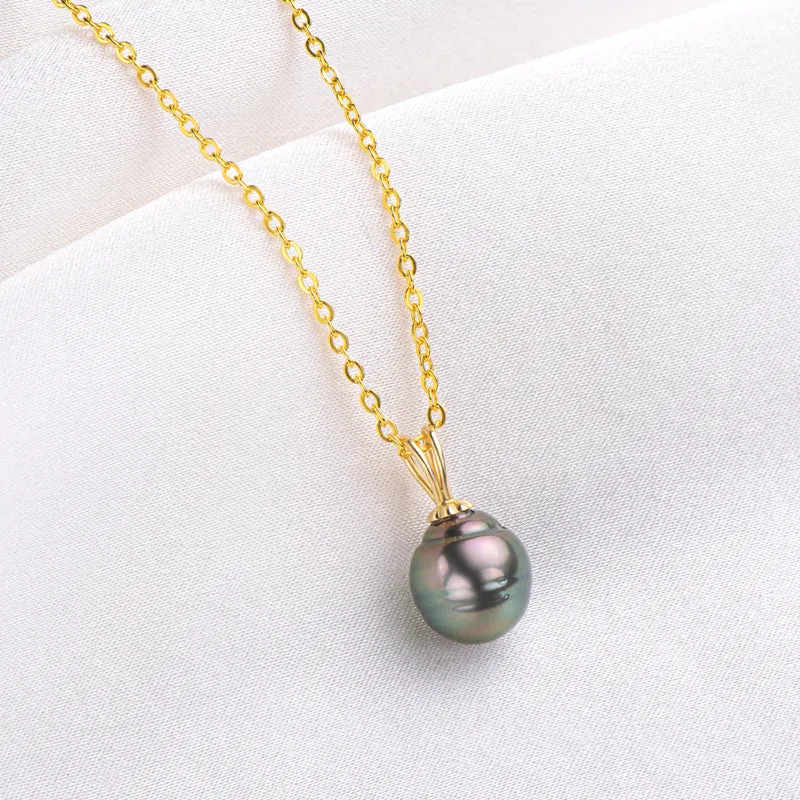 18k Gold Natural Cultured Tahitian Black Pearl Pendant Necklac with Silver Chain