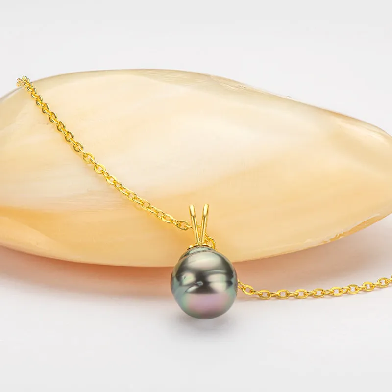 18k Gold Natural Cultured Tahitian Black Pearl Pendant Necklac with Silver Chain