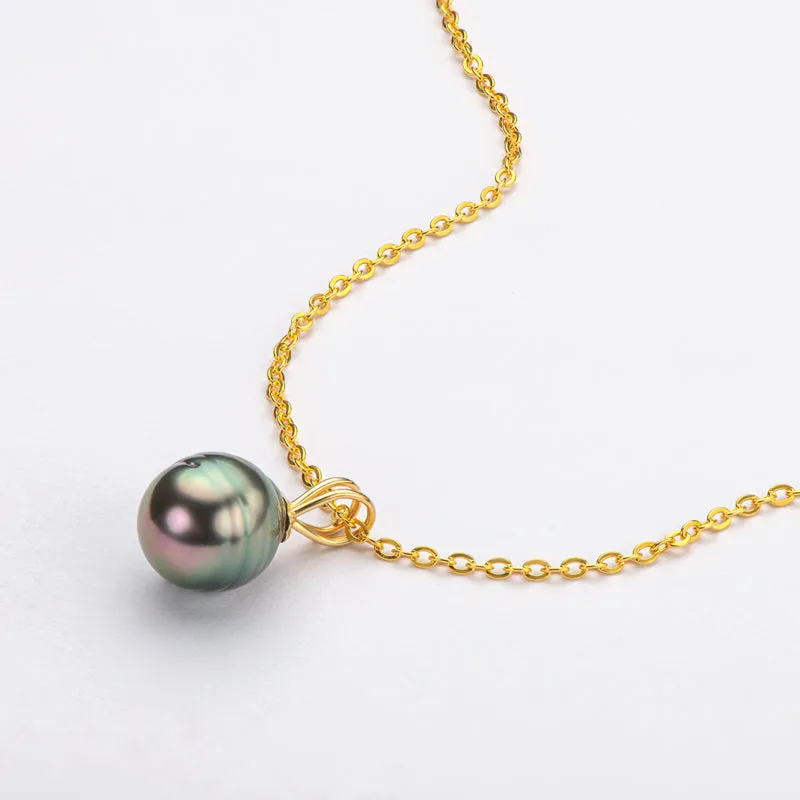18k Gold Natural Cultured Tahitian Black Pearl Pendant Necklac with Silver Chain