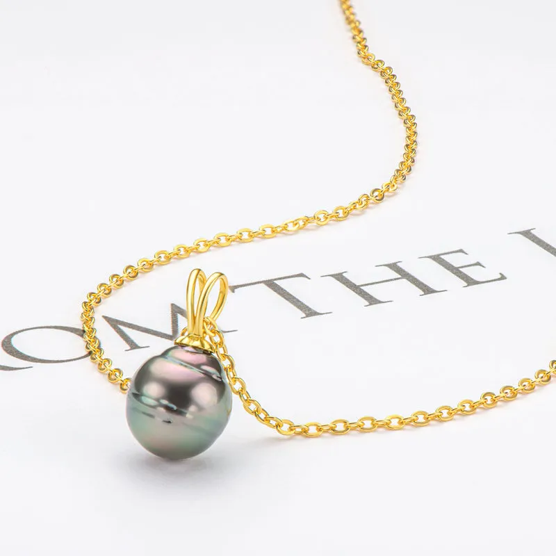 18k Gold Natural Cultured Tahitian Black Pearl Pendant Necklac with Silver Chain