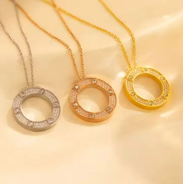 18" Fancy Inlaid Round Zirconia Stainless Steel Non Tarnish Pendant Necklace