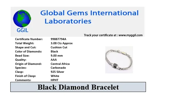 3.08 Ct AAA Quality Black Diamond Chain Men's Bracelet In Sterling Silver. Great Shine & Excellent Luster