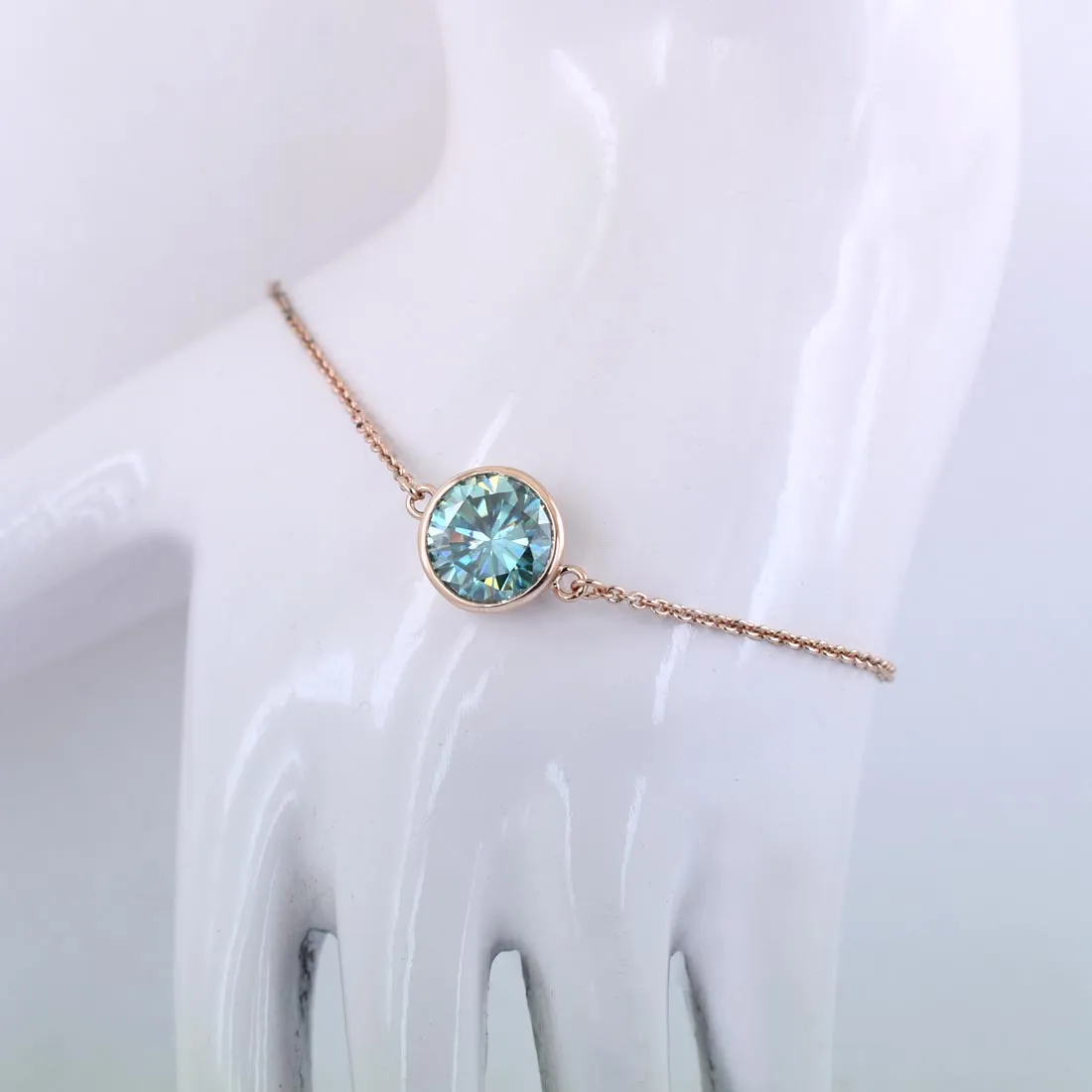 3.15 Ct Certified Round Blue Diamond Solitaire Bracelet in Bezel with Rose Gold Finish, 100% Certified