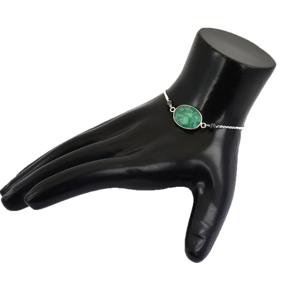 4 mm Black Diamond Beads with Emerald Gemstone Bracelet In Sterling Silver. Ideal Gift for Birthday, Anniversary Gift