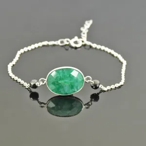 4 mm Black Diamond Beads with Emerald Gemstone Bracelet In Sterling Silver. Ideal Gift for Birthday, Anniversary Gift