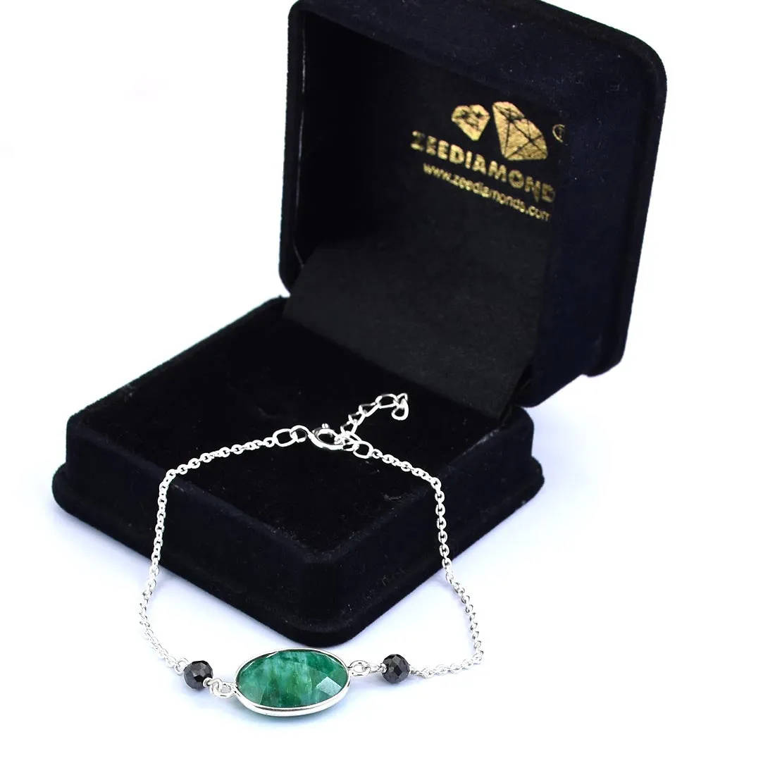 4 mm Black Diamond Beads with Emerald Gemstone Bracelet In Sterling Silver. Ideal Gift for Birthday, Anniversary Gift