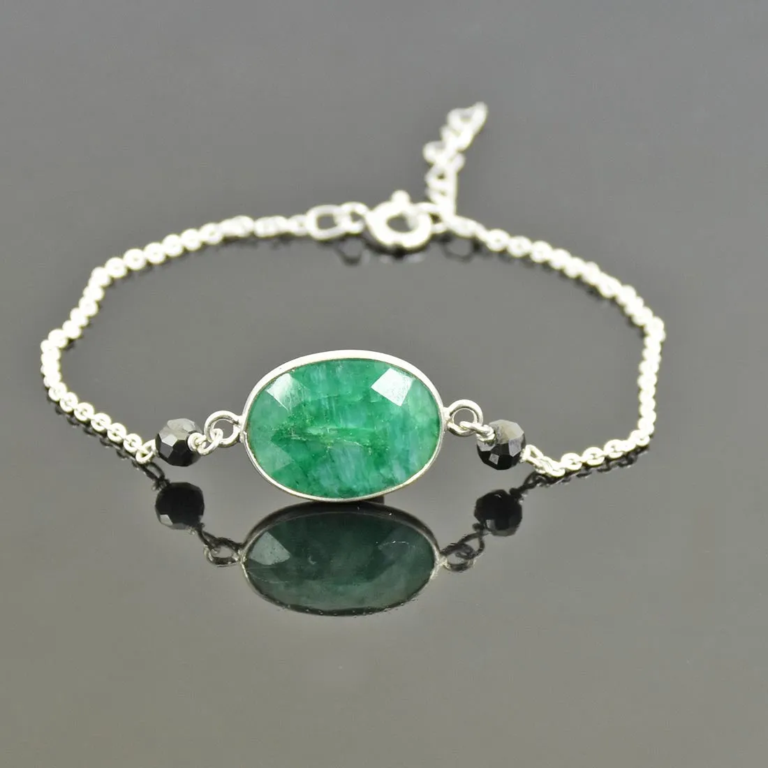 4 mm Black Diamond Beads with Emerald Gemstone Bracelet In Sterling Silver. Ideal Gift for Birthday, Anniversary Gift