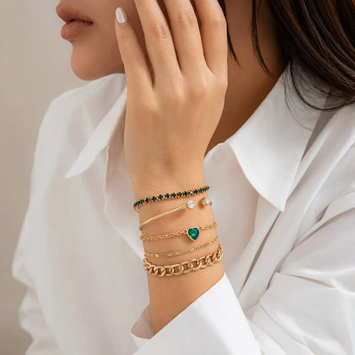 5pcs Emerald Rhinstone Inlaid Heart Shaped Cable Chain Bracelet Set