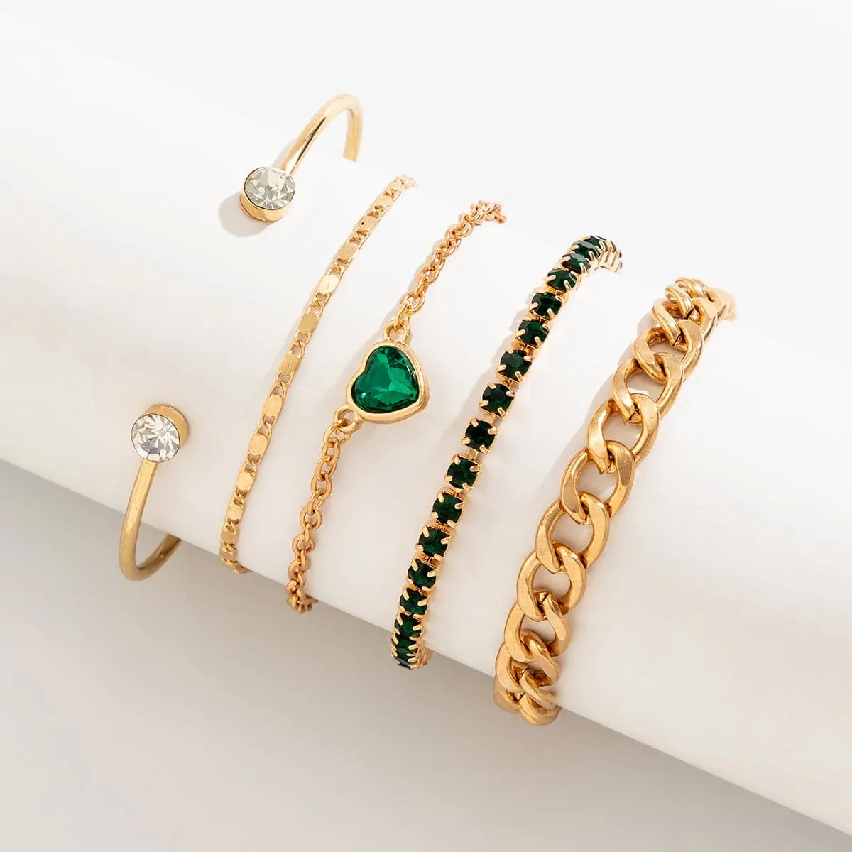 5pcs Emerald Rhinstone Inlaid Heart Shaped Cable Chain Bracelet Set