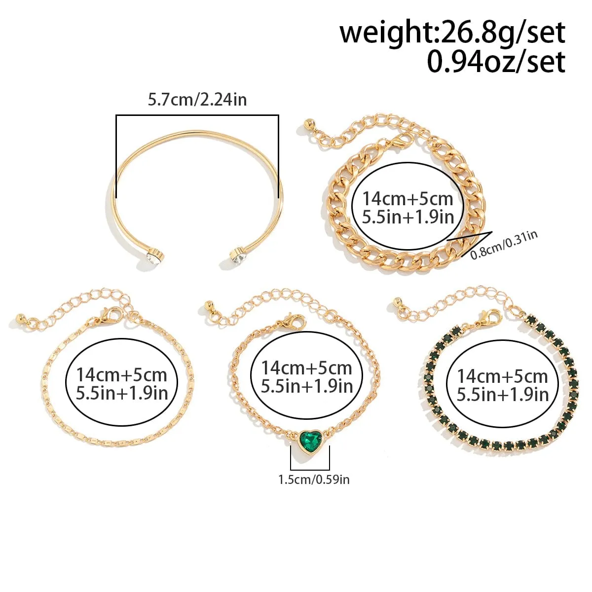 5pcs Emerald Rhinstone Inlaid Heart Shaped Cable Chain Bracelet Set