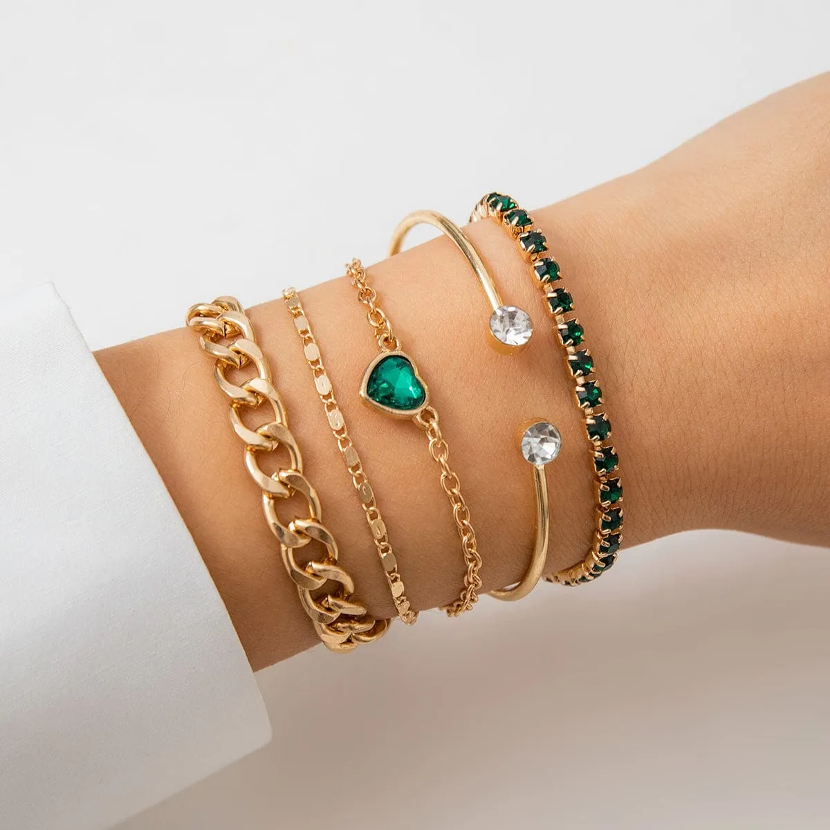5pcs Emerald Rhinstone Inlaid Heart Shaped Cable Chain Bracelet Set