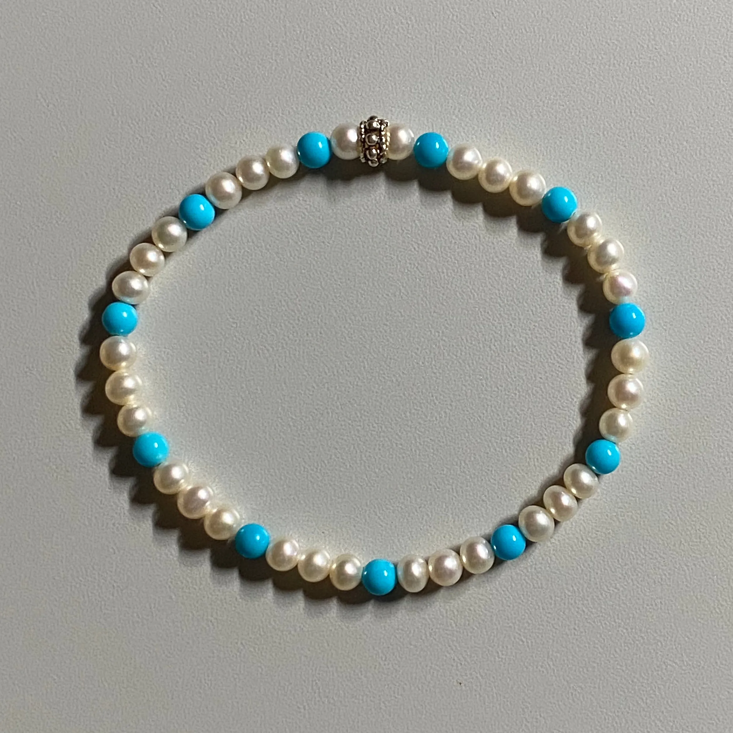 6-3/4" Stretch Bracelet with Natural Sleeping Beauty Turquoise and Soft White Cultured Freshwater Pearls