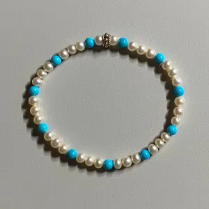 6-3/4" Stretch Bracelet with Natural Sleeping Beauty Turquoise and Soft White Cultured Freshwater Pearls