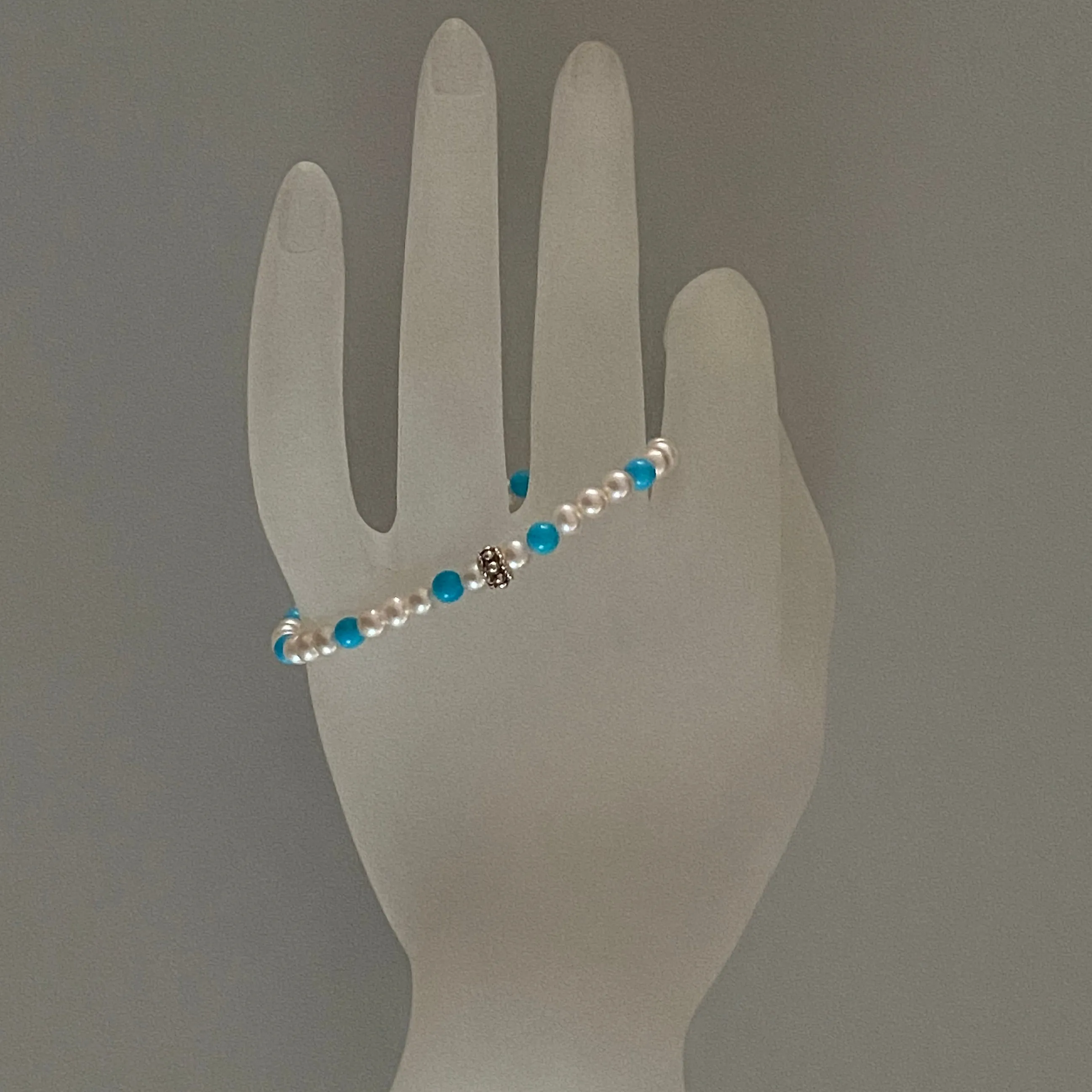 6-3/4" Stretch Bracelet with Natural Sleeping Beauty Turquoise and Soft White Cultured Freshwater Pearls