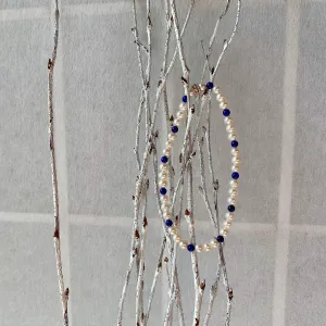 7" Stretch Bracelet with Natural Lapis Lazuli Beads, White Cultured Freshwater Pearls & Handmade Sterling Silver Bali Bead