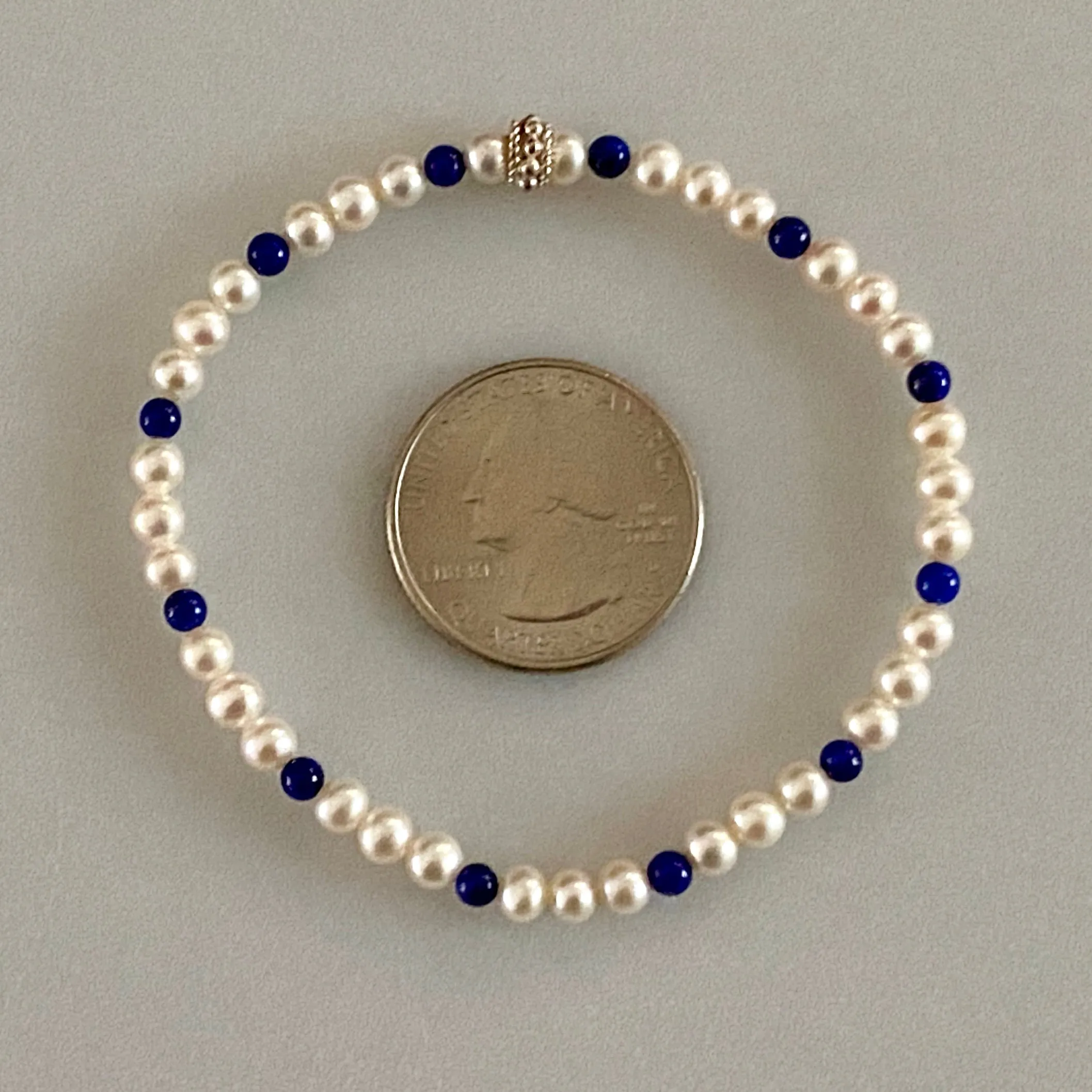 7" Stretch Bracelet with Natural Lapis Lazuli Beads, White Cultured Freshwater Pearls & Handmade Sterling Silver Bali Bead