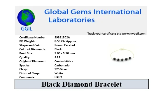 8.50 Carat Certified Black Diamond Beads Silver Chain Bracelet in 925 Silver. Great Brilliance