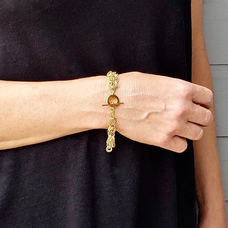 8" Handcrafted 24K Gold Vermeil Frilly Bracelet with Heart Toggle Clasp