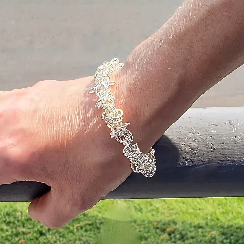 8" Handcrafted 925 Sterling Silver Frilly Bracelet with Crystal-Studded Toggle Clasp