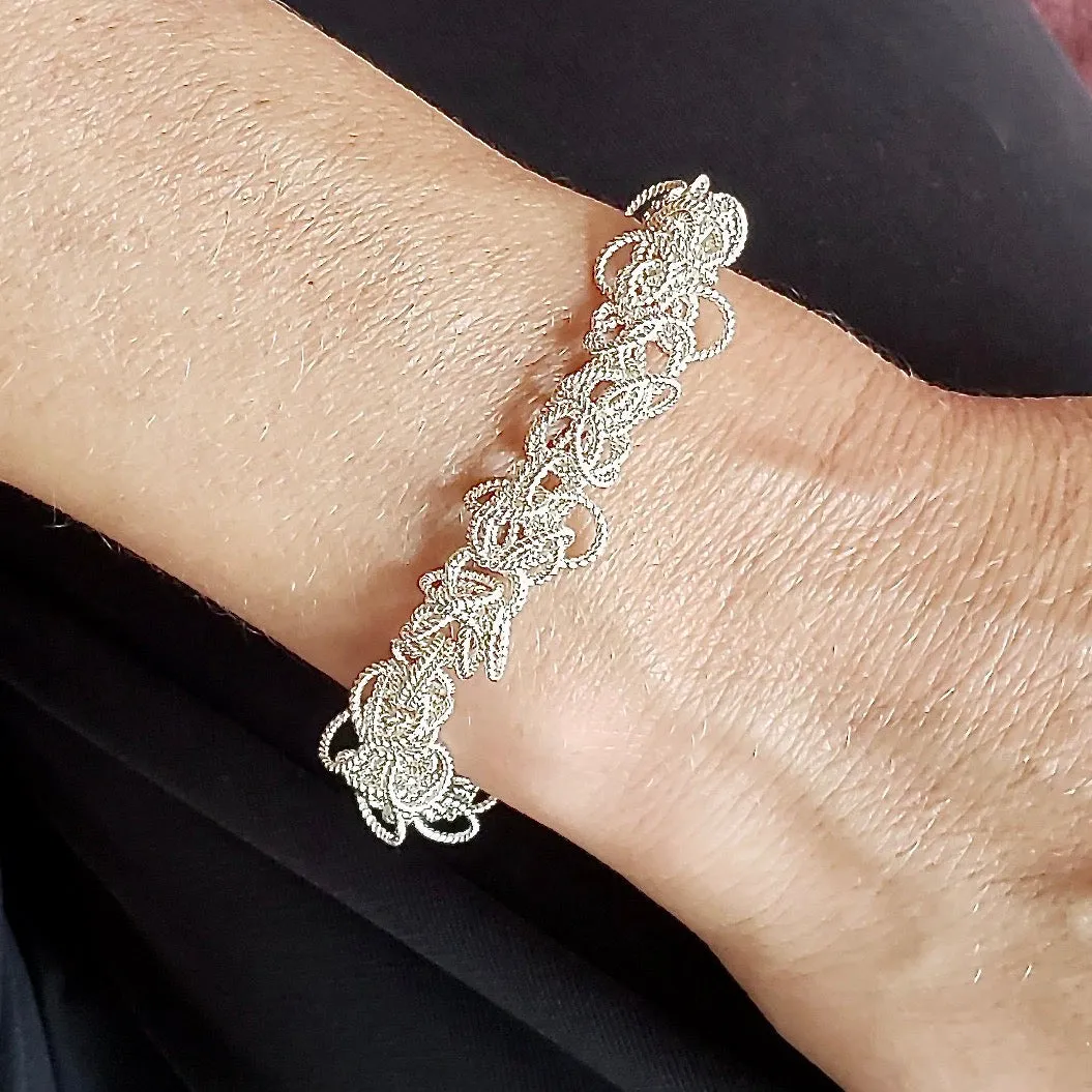 8" Handcrafted 925 Sterling Silver Frilly Bracelet with Crystal-Studded Toggle Clasp