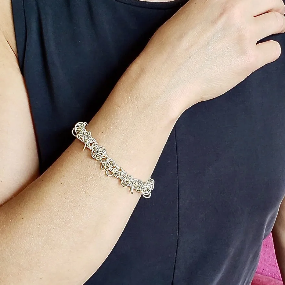 8" Handcrafted 925 Sterling Silver Frilly Bracelet with Crystal-Studded Toggle Clasp