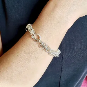 8" Handcrafted 925 Sterling Silver Frilly Bracelet with Crystal-Studded Toggle Clasp