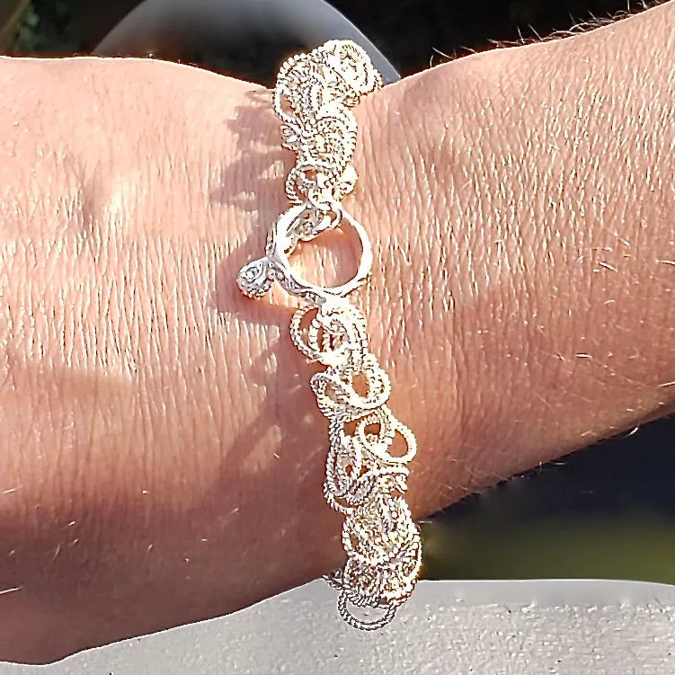 8" Handcrafted 925 Sterling Silver Frilly Bracelet with Crystal-Studded Toggle Clasp