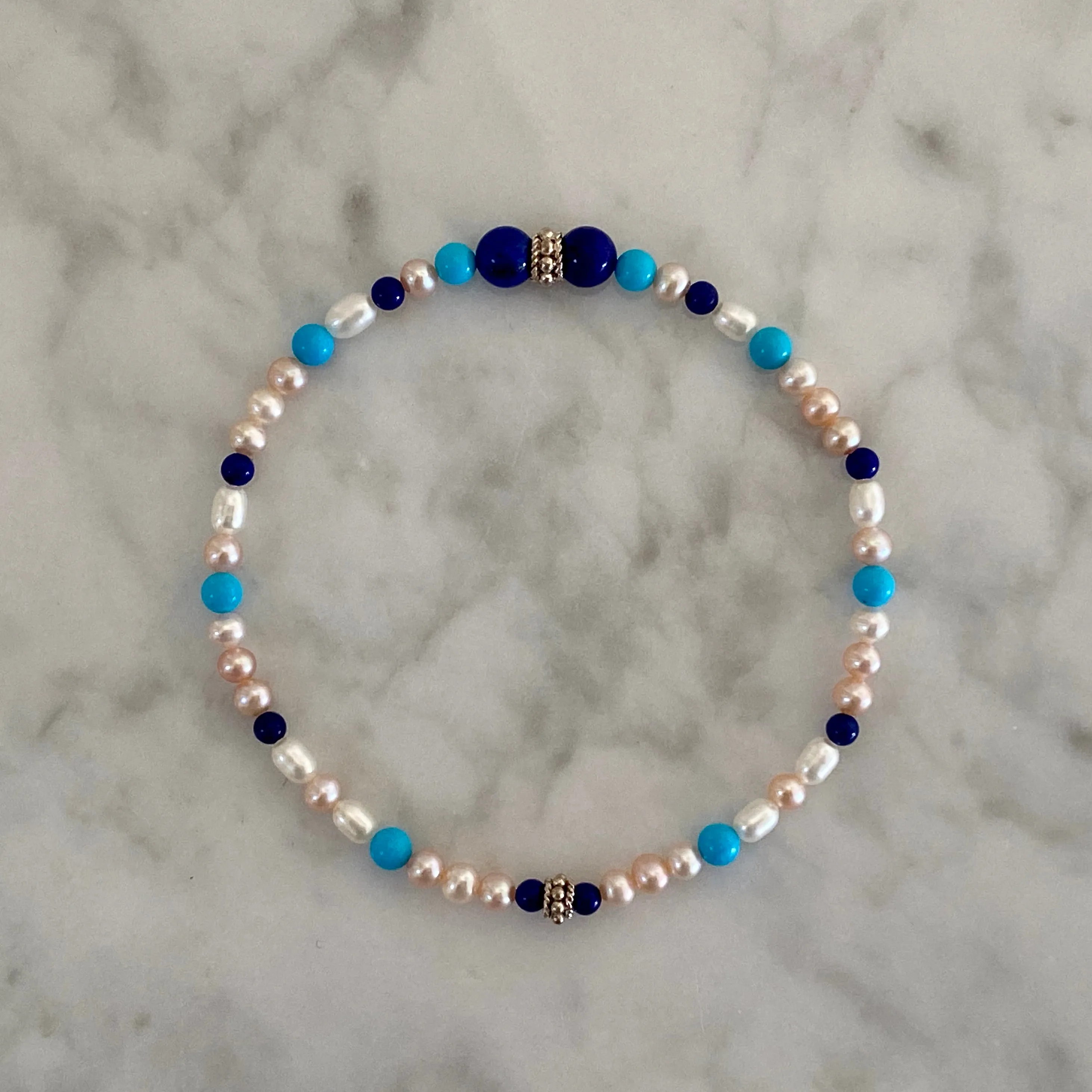 8" Stretch Bracelet with Natural Lapis Lazuli and Sleeping Beauty Turquoise Beads, Natural Color Cultured Freshwater Pearls, Handmade Sterling Silver Bali-Style Beads