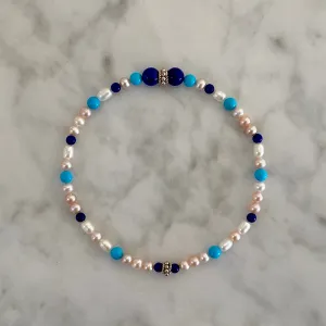 8" Stretch Bracelet with Natural Lapis Lazuli and Sleeping Beauty Turquoise Beads, Natural Color Cultured Freshwater Pearls, Handmade Sterling Silver Bali-Style Beads