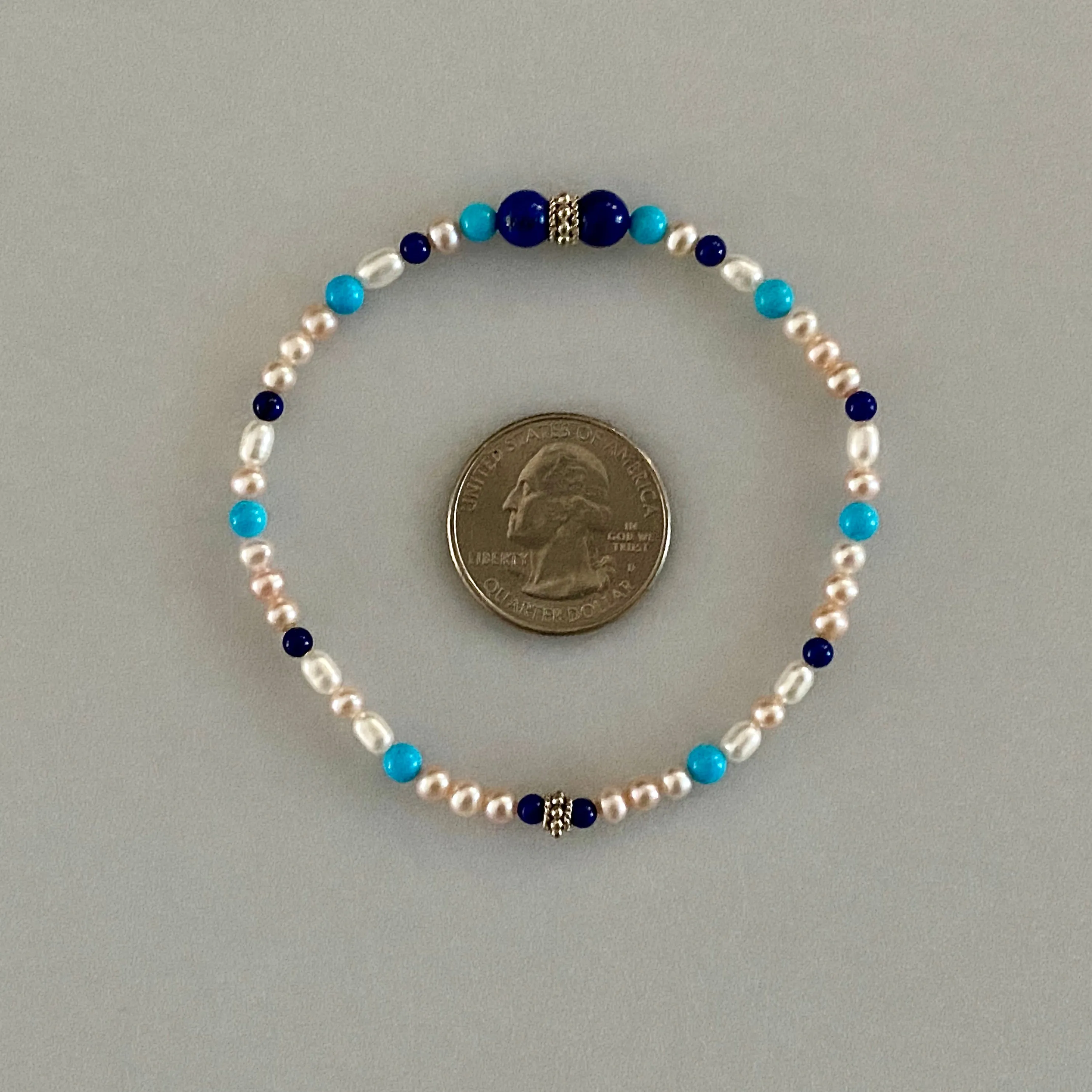 8" Stretch Bracelet with Natural Lapis Lazuli and Sleeping Beauty Turquoise Beads, Natural Color Cultured Freshwater Pearls, Handmade Sterling Silver Bali-Style Beads