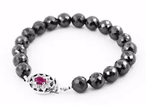 9 mm Black Diamond Beads Bracelet with Ruby Gemstone Silver Clasp! Stunning Look & Very Elegant