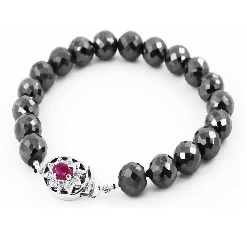 9 mm Black Diamond Beads Bracelet with Ruby Gemstone Silver Clasp! Stunning Look & Very Elegant