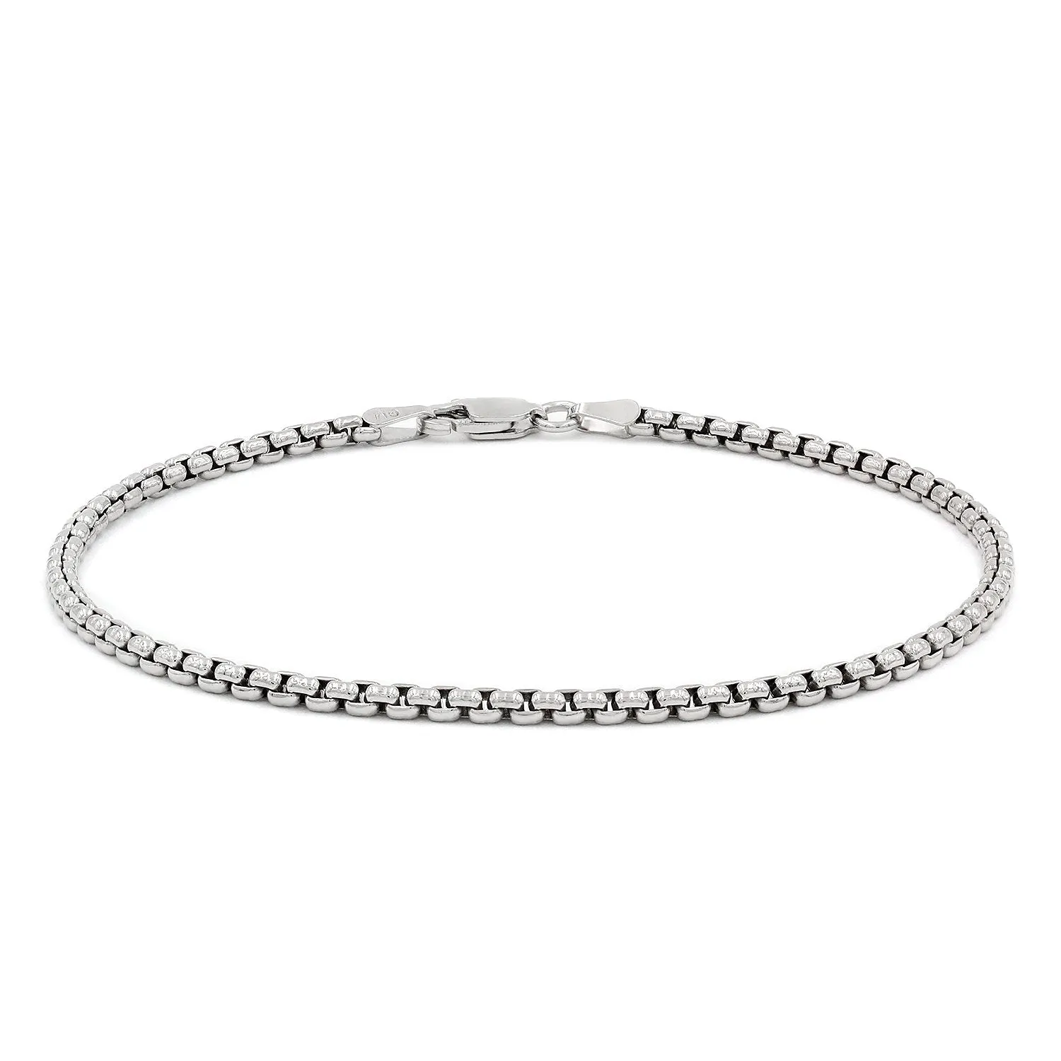 925 Sterling Silver 2.5mm Round Box Rhodium Bracelet