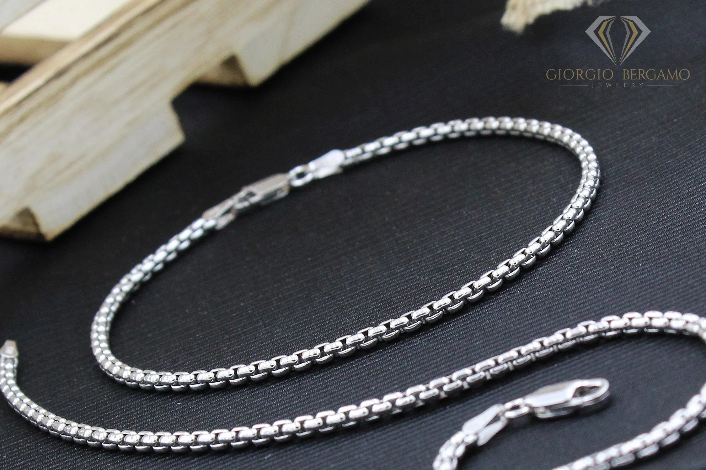 925 Sterling Silver 2.5mm Round Box Rhodium Bracelet